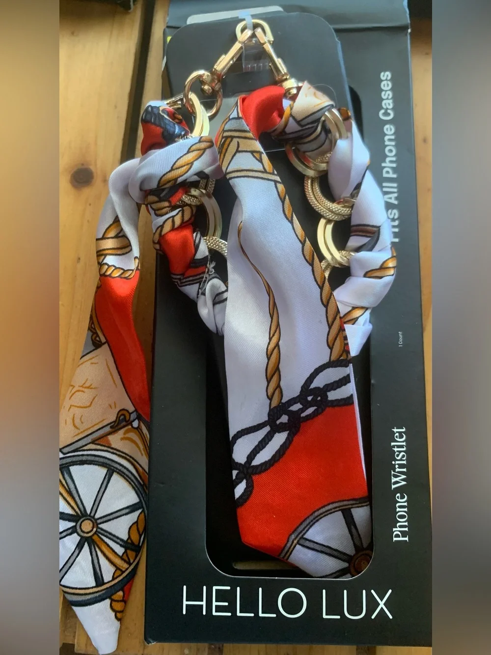 NIB Gold Chain Scarf Bracelet with Red and White Silk Tie phone wrist